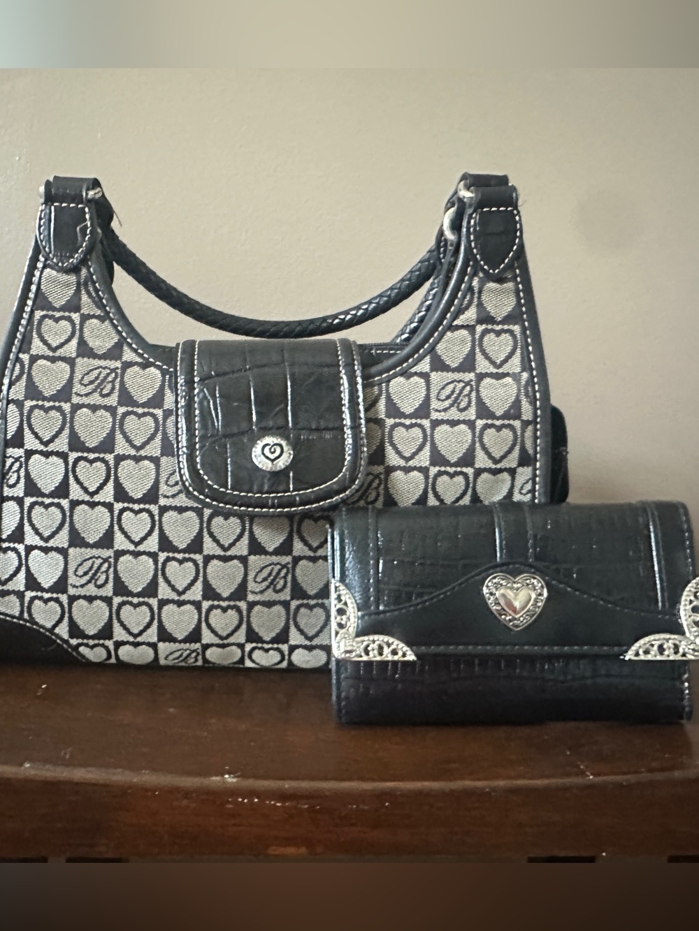 Brighton Black Jacquard Heart Shoulder Bag with Matching Wallet